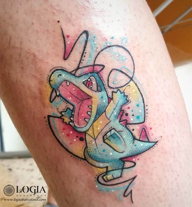 tatuaje pokemon totodile dragon pierna logia tattoo fox