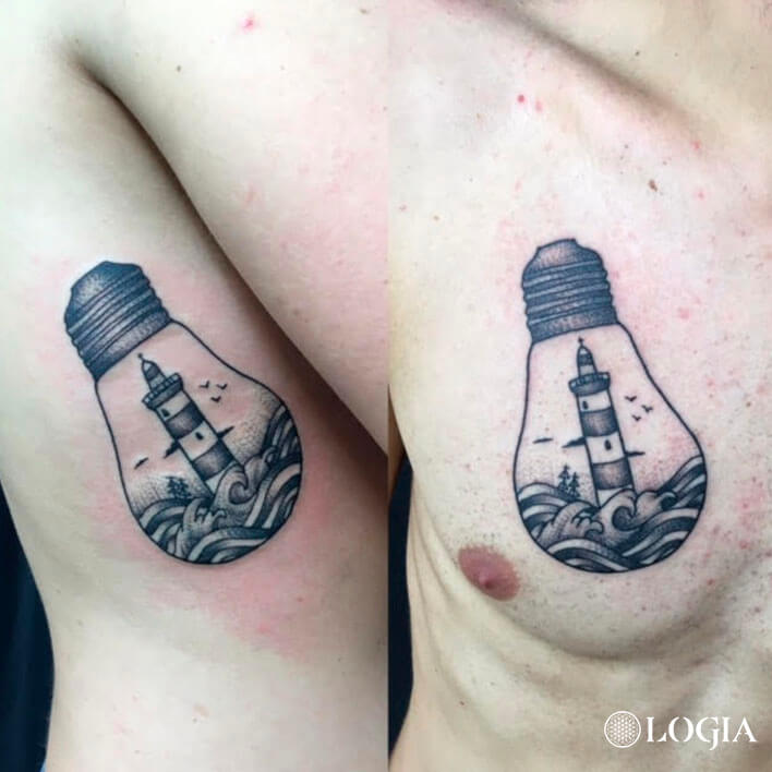 Tatuajes para parejas bombilla tradicional blackwork Logia Barcelona