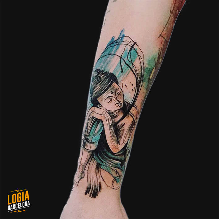 tatuaje antebrazo buda durmiendo color damsceno