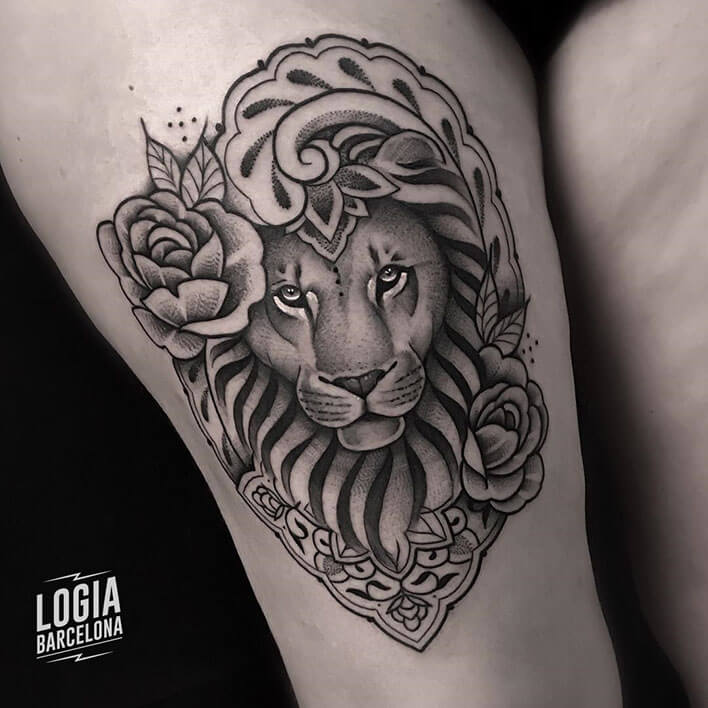 tatuaje pierna leon ornamental logia barcelona Beve