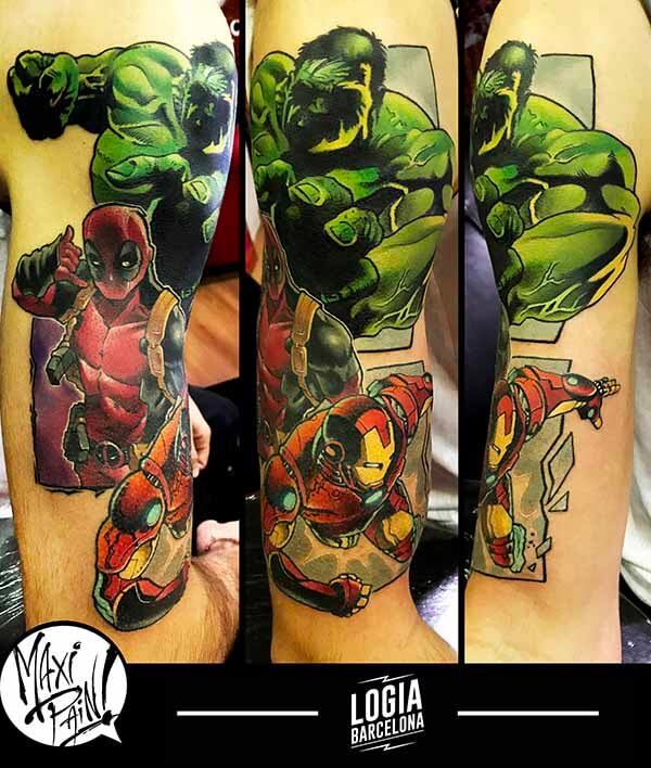 tatuaje_marvel_hulk_deathpool_ironman_brazo_maxi_paint_logia_barcelona