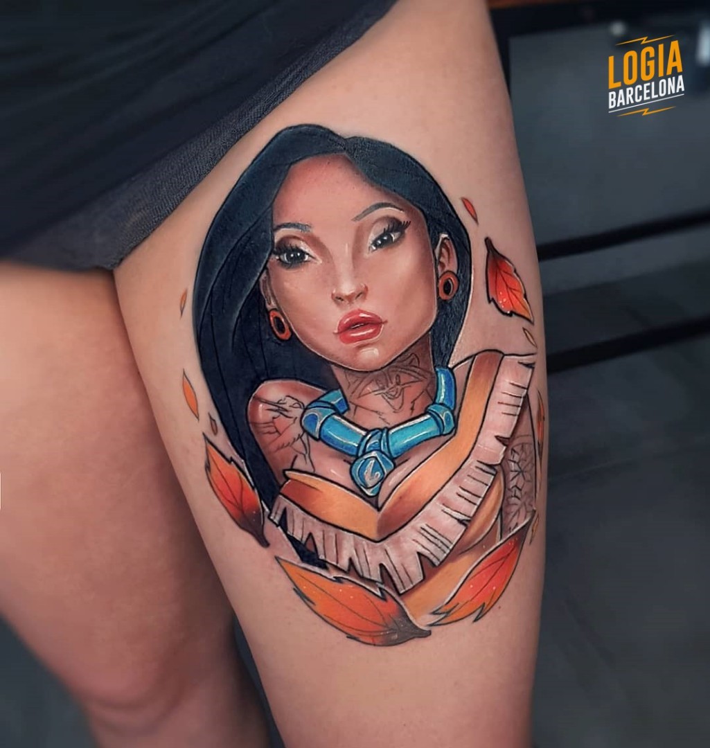 Tatuaje Disney Pocahontas muslo Kejti Dumka Logia Barcelona