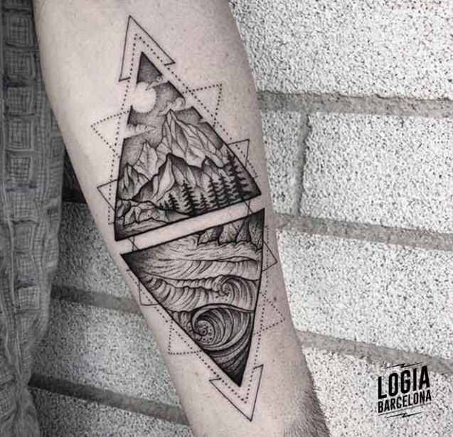 tatuaje montaña y olas geometrico logia barcelona