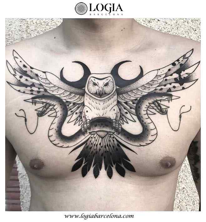 Owl Snake Tattoo Chest Pepo Herrando Logia Barcelona