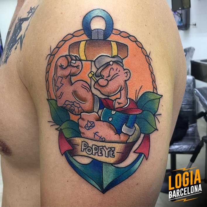 Tatuaje Popeye ancla Logia Barcelona cartoon